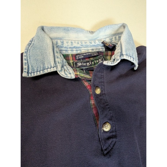 Vintage Siegfried Rugby Shirt Navy Blue Denim Collar Plaid Trim 90s Large XL - Picture 3 of 14